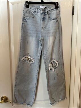 Embellished Light Wash Straight-Leg Jeans - Sequin Knee Detail